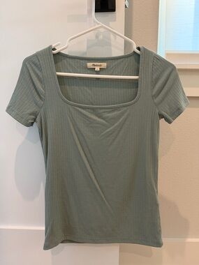 Madewell Ribbed Square Neck Short Sleeve Top in Sage